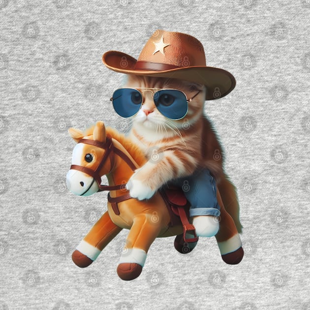 A cat wearing sunglasses and a cowboy hat riding a toy horse by maricetak